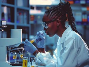 Científica africana en un laboratorio biomédico. Imagen licencia Adobe Stock